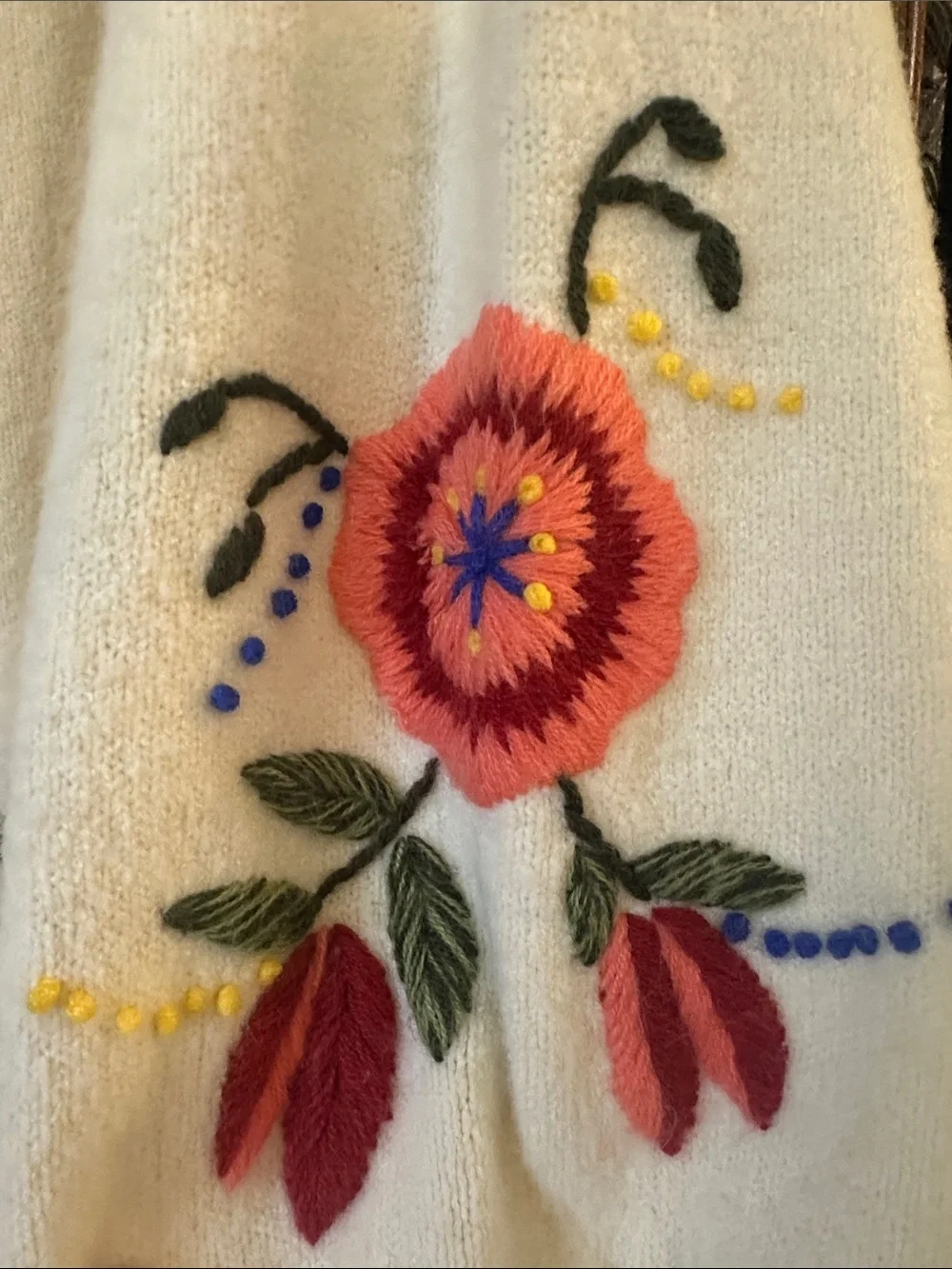 Embroidered  Floral  Oversized Cream Sweater W/ Black Stripes Puffer longsleeves